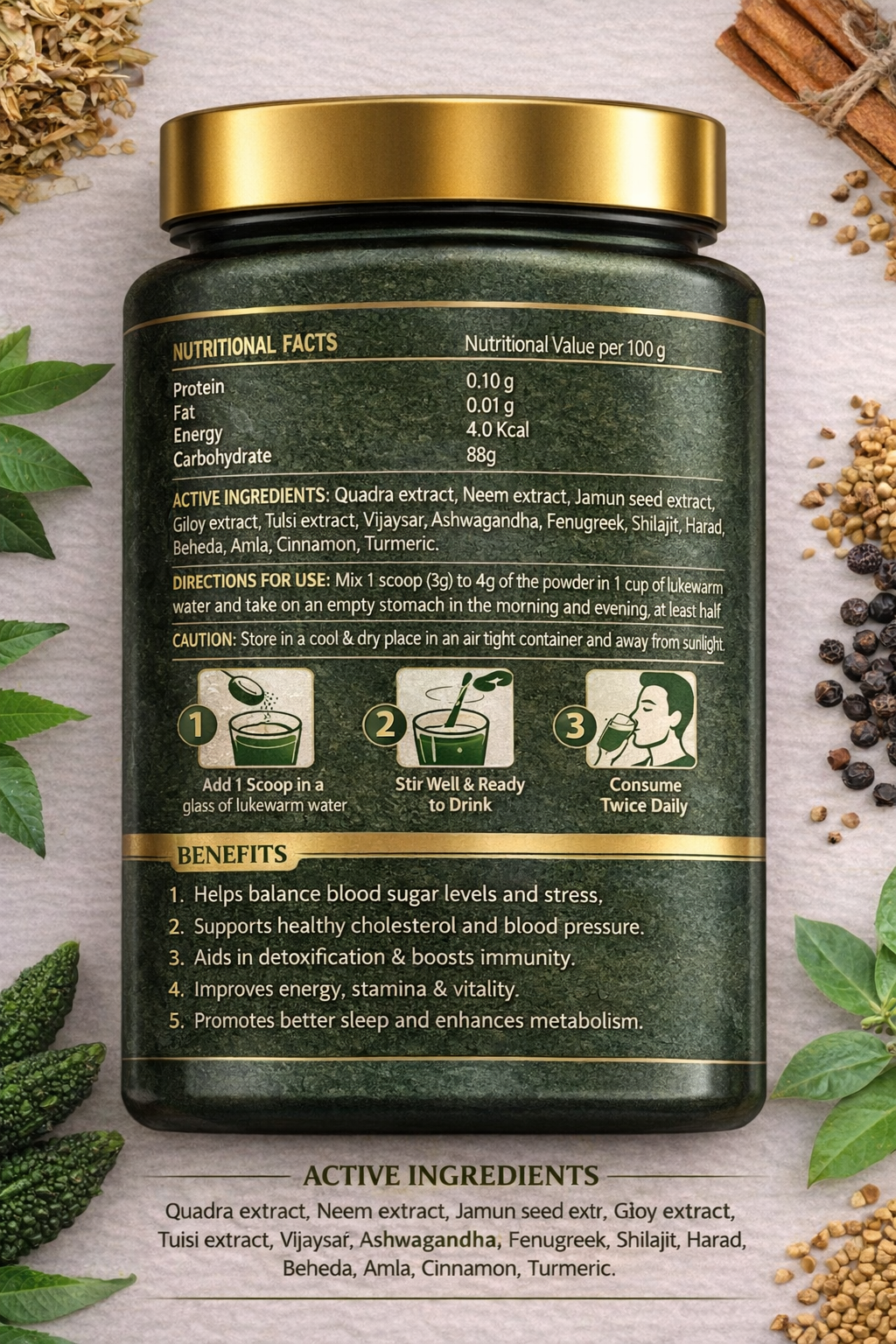 Neem Karela Jamun Powder - 100% Natural Supplement for Managing Blood Sugar